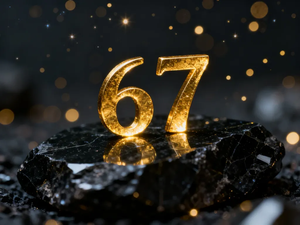 Złote, świecące cyfry 67 na ciemnym, teksturowanym tle, symbolizujące mistyczny i intelektualny charakter liczby.