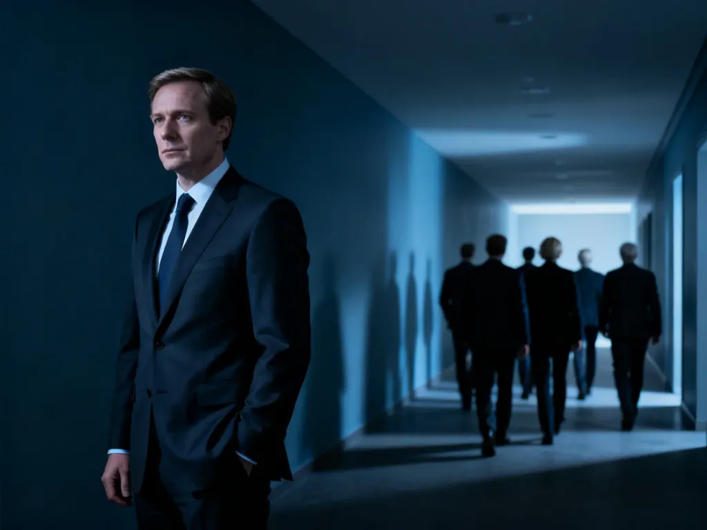 Elegancki mężczyzna w garniturze stojący samotnie w korytarzu, co symbolizuje wykluczenie społeczne i status persona non grata.