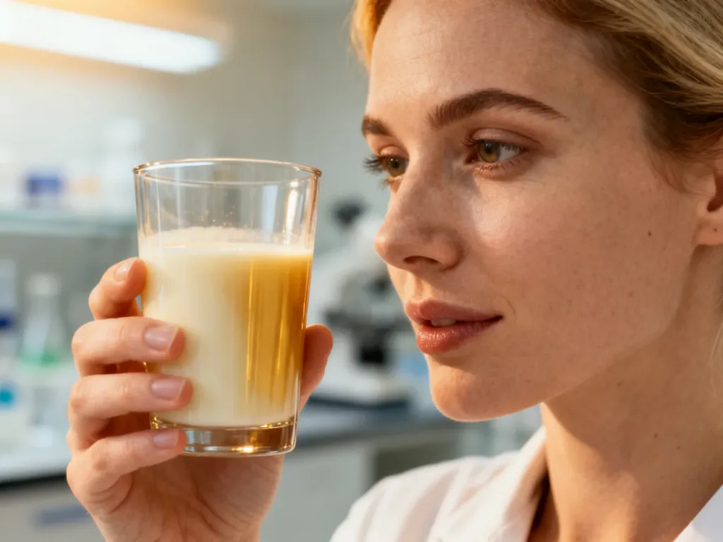Szklanka z kremową siarą trzymana przez kobietę w profesjonalnym laboratorium medycznym.