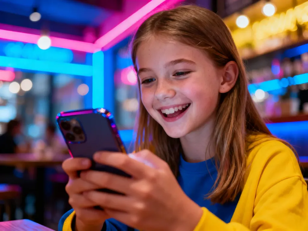 Uśmiechnięta nastolatka przeglądająca telefon w nowoczesnej kawiarni, co podkreśla młodzieżowy charakter trendów językowych.