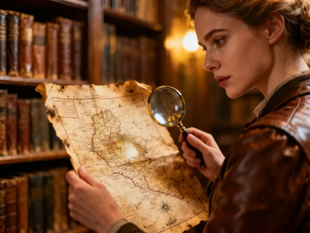 Kobieta w bibliotece bada starą mapę za pomocą lupy, co symbolizuje poszukiwanie korzeni i historii nazwiska.