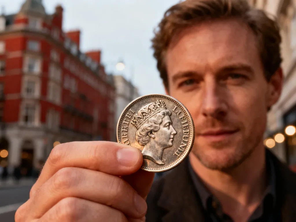 Zbliżenie na zabytkową monetę funta szterlinga trzymaną w dłoni na tle rozmytej architektury Londynu.