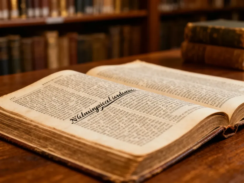 Otwarty słownik na drewnianym stole z zaznaczonym długim hasłem językowym w klimatycznym wnętrzu biblioteki.