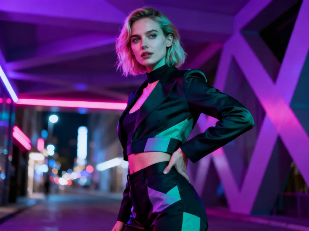 Pewna siebie kobieta w modnej stylizacji na tle neonowego miasta, ilustrująca pewność siebie i styl związany ze słowem slay.