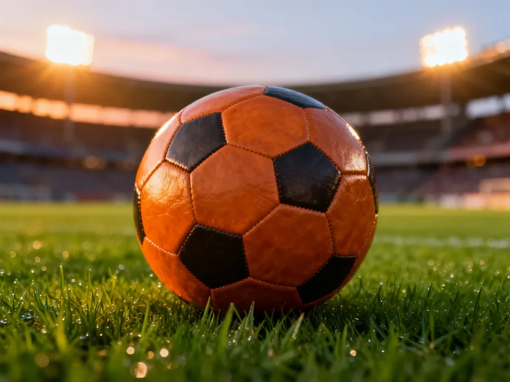 Skórzana piłka nożna leżąca na murawie stadionu w świetle zachodzącego słońca, symbolizująca emocje piłkarskich rozgrywek.