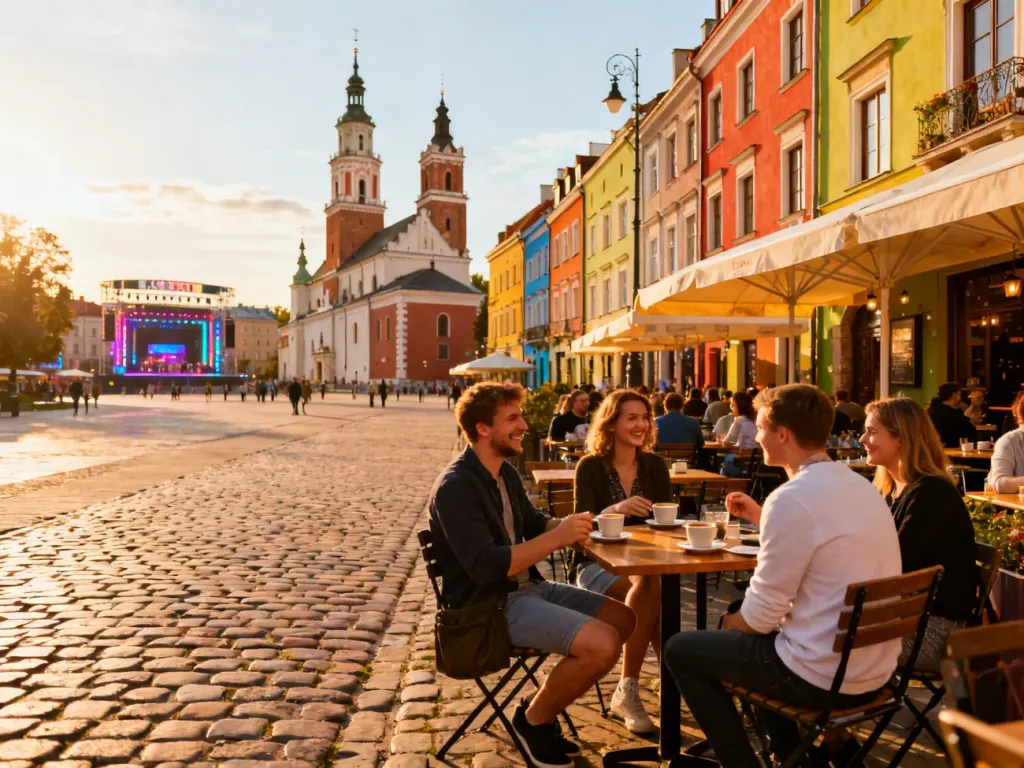 Tętniąca życiem kawiarnia na lubelskiej starówce, ludzie przy stolikach w słońcu, w tle kolorowe kamienice i rozrywki miasta. no text on the picture